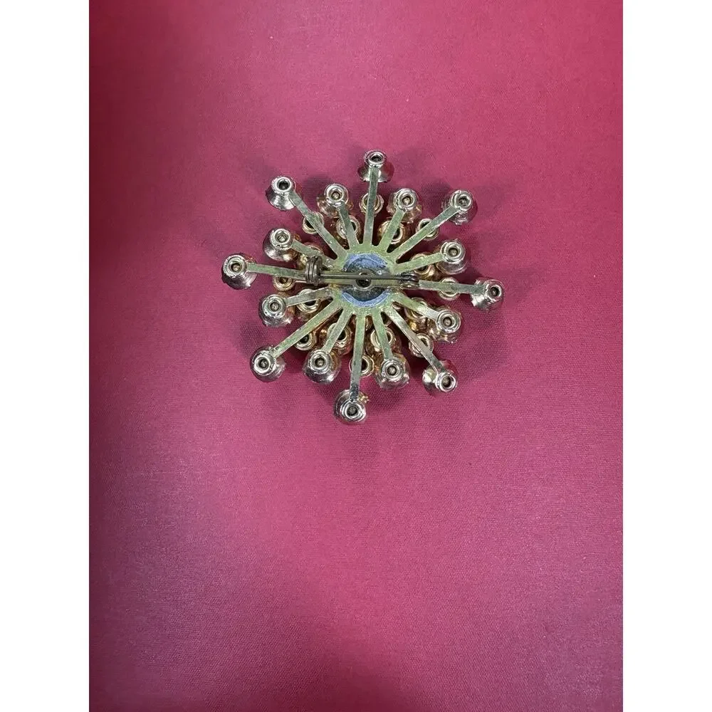 Vintage Blue Atomic Snowflake Brooch Mcm Gold Tone Rhinestone Pin Ice